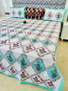 AMBER PREMIUM HANDBLOCK JUTE BEDCOVER WITH 2 PILLOW COVERS