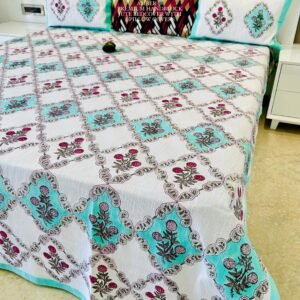 AMBER PREMIUM HANDBLOCK JUTE BEDCOVER WITH 2 PILLOW COVERS