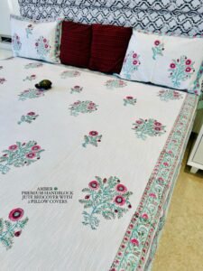 AMBER PREMIUM HANDBLOCK JUTE BEDCOVER WITH 2 PILLOW COVERS
