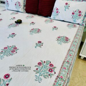 AMBER PREMIUM HANDBLOCK JUTE BEDCOVER WITH 2 PILLOW COVERS