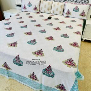 AMBER PREMIUM HANDBLOCK JUTE BEDCOVER WITH 2 PILLOW COVERS