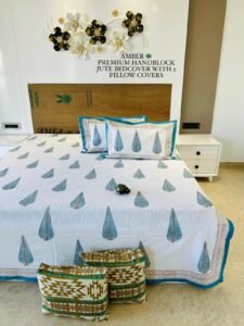 AMBER PREMIUM HANDBLOCK JUTE BEDCOVER WITH 2 PILLOW COVERS