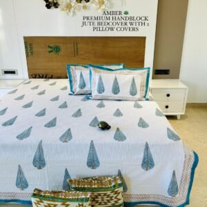 AMBER PREMIUM HANDBLOCK JUTE BEDCOVER WITH 2 PILLOW COVERS