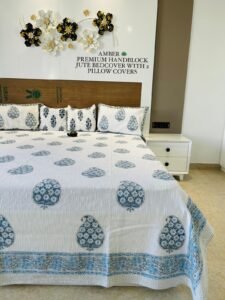 AMBER PREMIUM HANDBLOCK JUTE BEDCOVER WITH 2 PILLOW COVERS