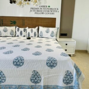 AMBER PREMIUM HANDBLOCK JUTE BEDCOVER WITH 2 PILLOW COVERS