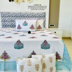 AMBER PREMIUM HANDBLOCK JUTE BEDCOVER WITH 2 PILLOW COVERS