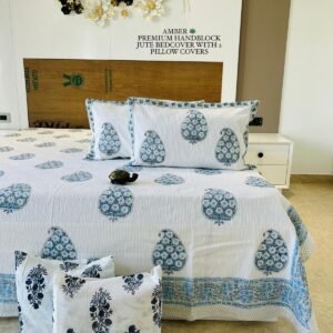 AMBER PREMIUM HANDBLOCK JUTE BEDCOVER WITH 2 PILLOW COVERS
