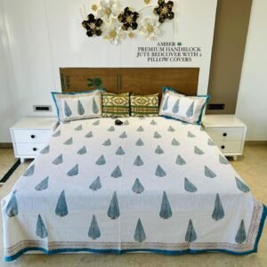 AMBER PREMIUM HANDBLOCK JUTE BEDCOVER WITH 2 PILLOW COVERS