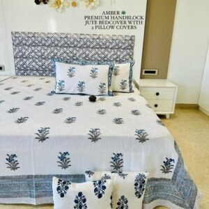 AMBER PREMIUM HANDBLOCK JUTE BEDCOVER WITH 2 PILLOW COVERS