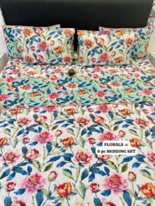 6 Pc Pure Cotton Quilted Bedcover Set with Bedsheet & Pillow