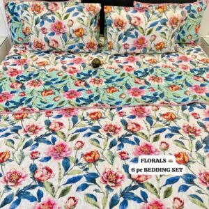 6 Pc Pure Cotton Quilted Bedcover Set with Bedsheet & Pillow