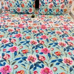 6 Pc Pure Cotton Quilted Bedcover Set with Bedsheet & Pillow